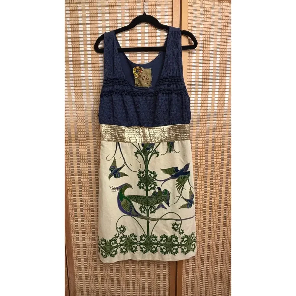Free People Bird of Paradise embroidered blue Peacock mini dress sz2 - Picture 3 of 16